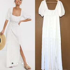 ASOS Design White Eyelet Maxi Dress Square Neck Broderie Prairie Puff Sleeves 4